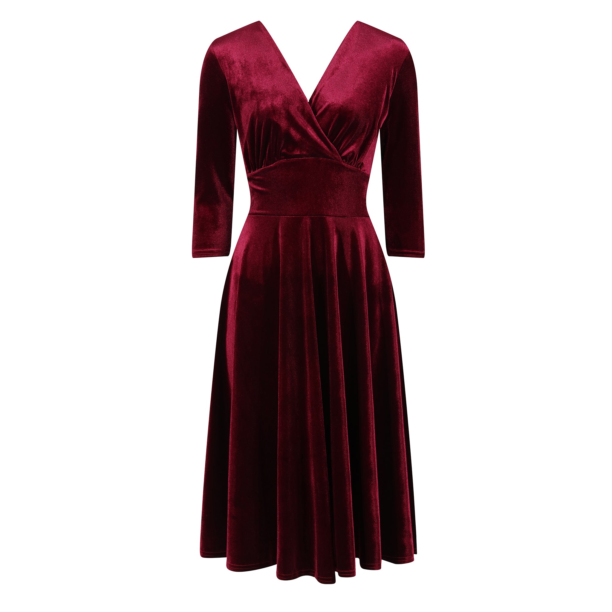 Claret Red Wrap Dress with V Neck, Velour Material, 3/4 Sleeves, and Swing Style