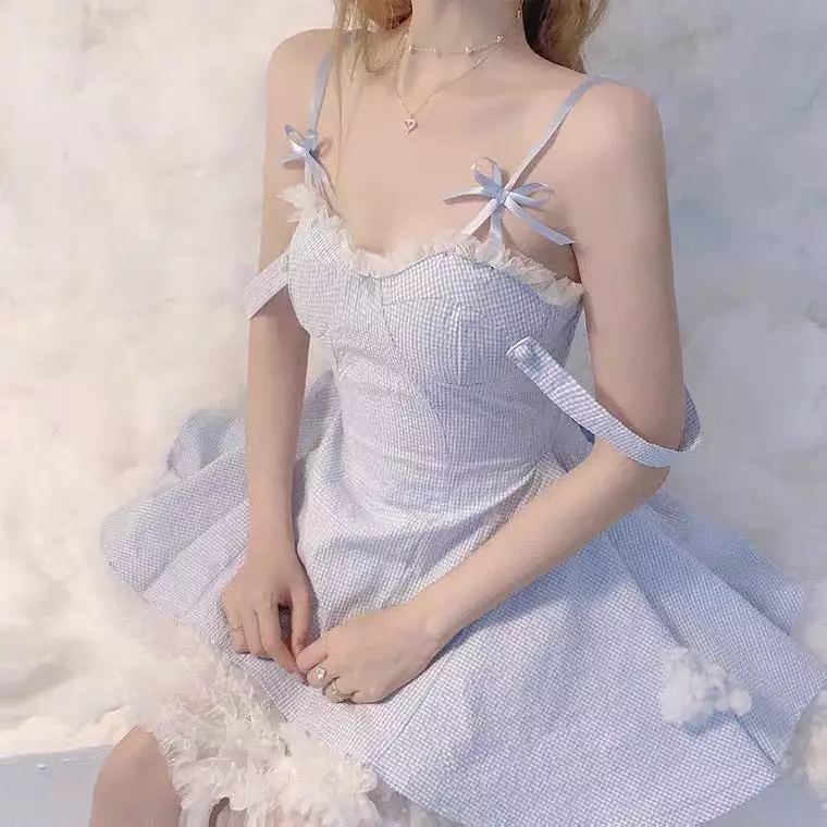 cloud blue dress white mesh skirt