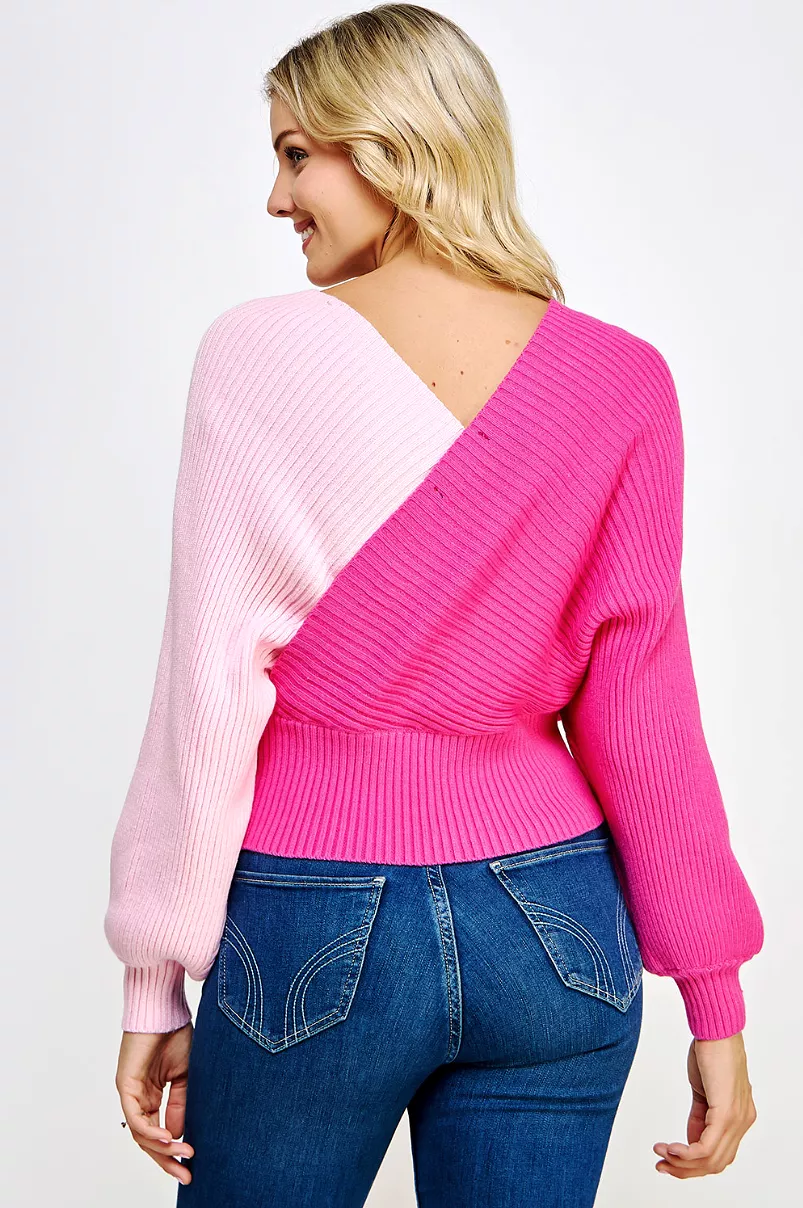 Colorblock Wrap Surplice Sweater