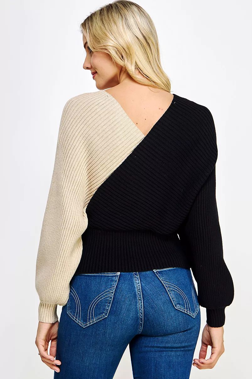 Colorblock Wrap Surplice Sweater