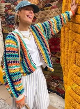 Colorful Crochet Stripe Cardigan Sweater Knitted Long Sleeve Knitwear Pullover