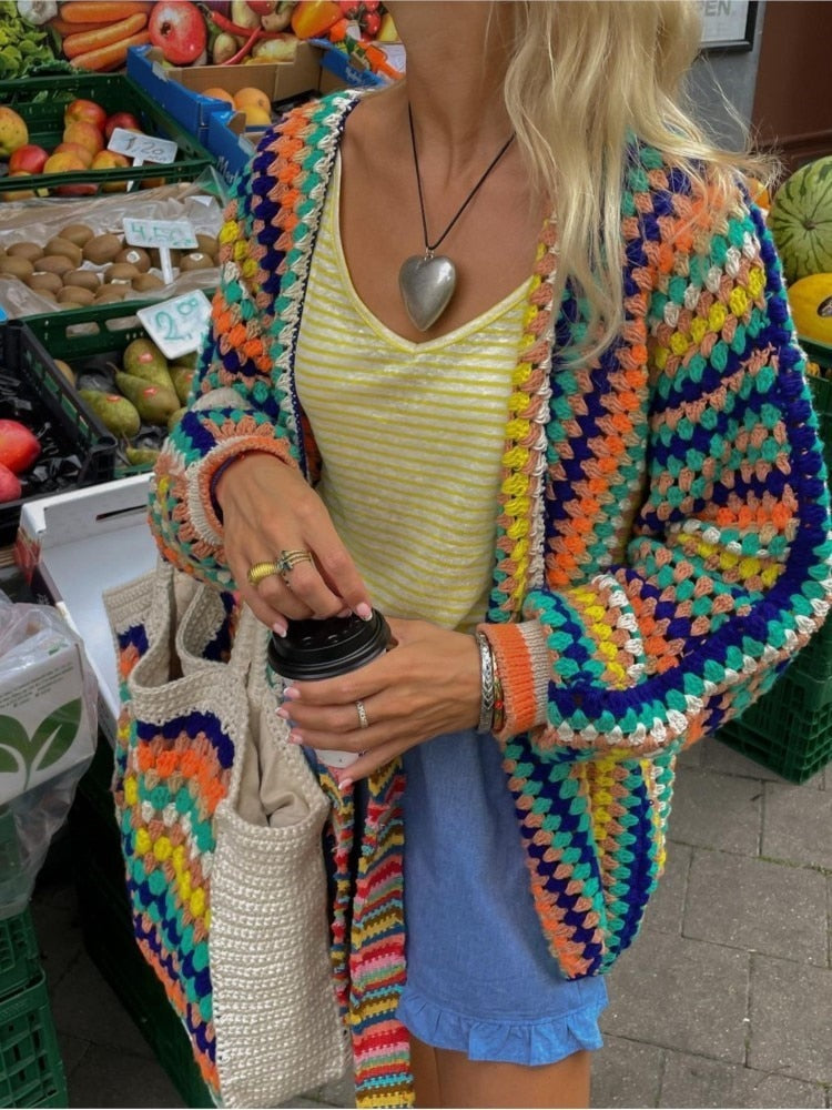 Colorful Crochet Stripe Cardigan Sweater Knitted Long Sleeve Knitwear Pullover