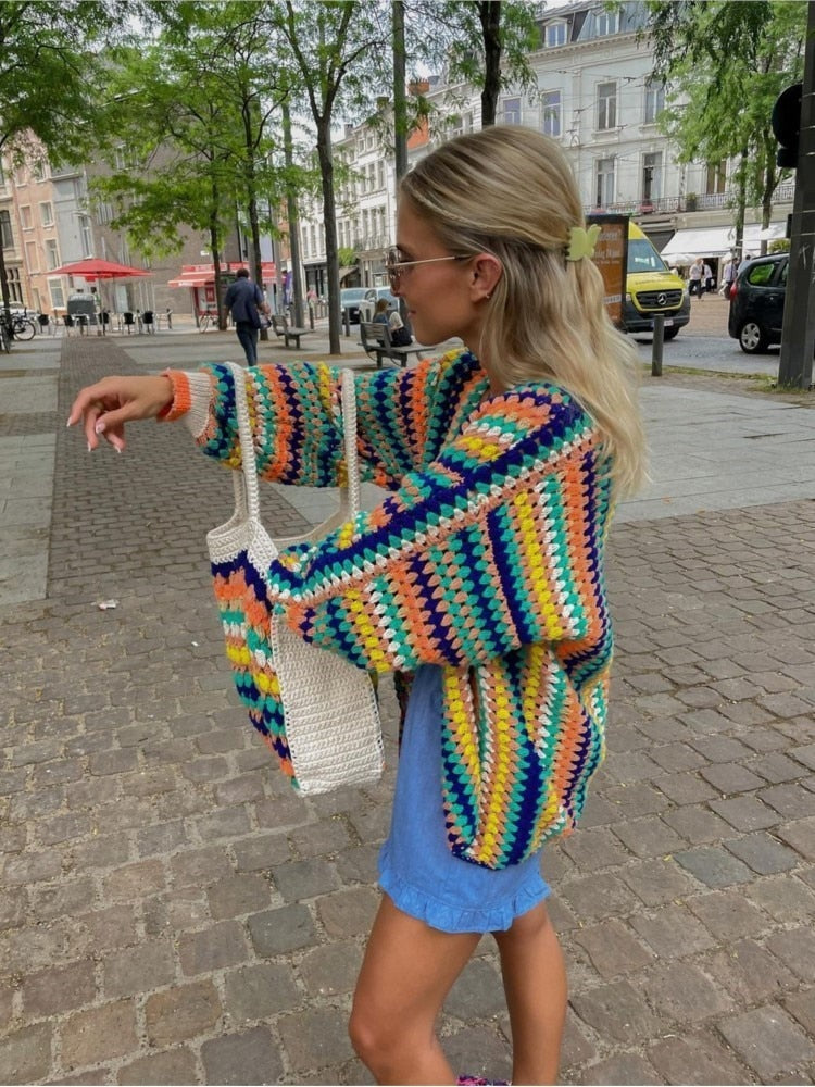 Colorful Crochet Stripe Cardigan Sweater Knitted Long Sleeve Knitwear Pullover