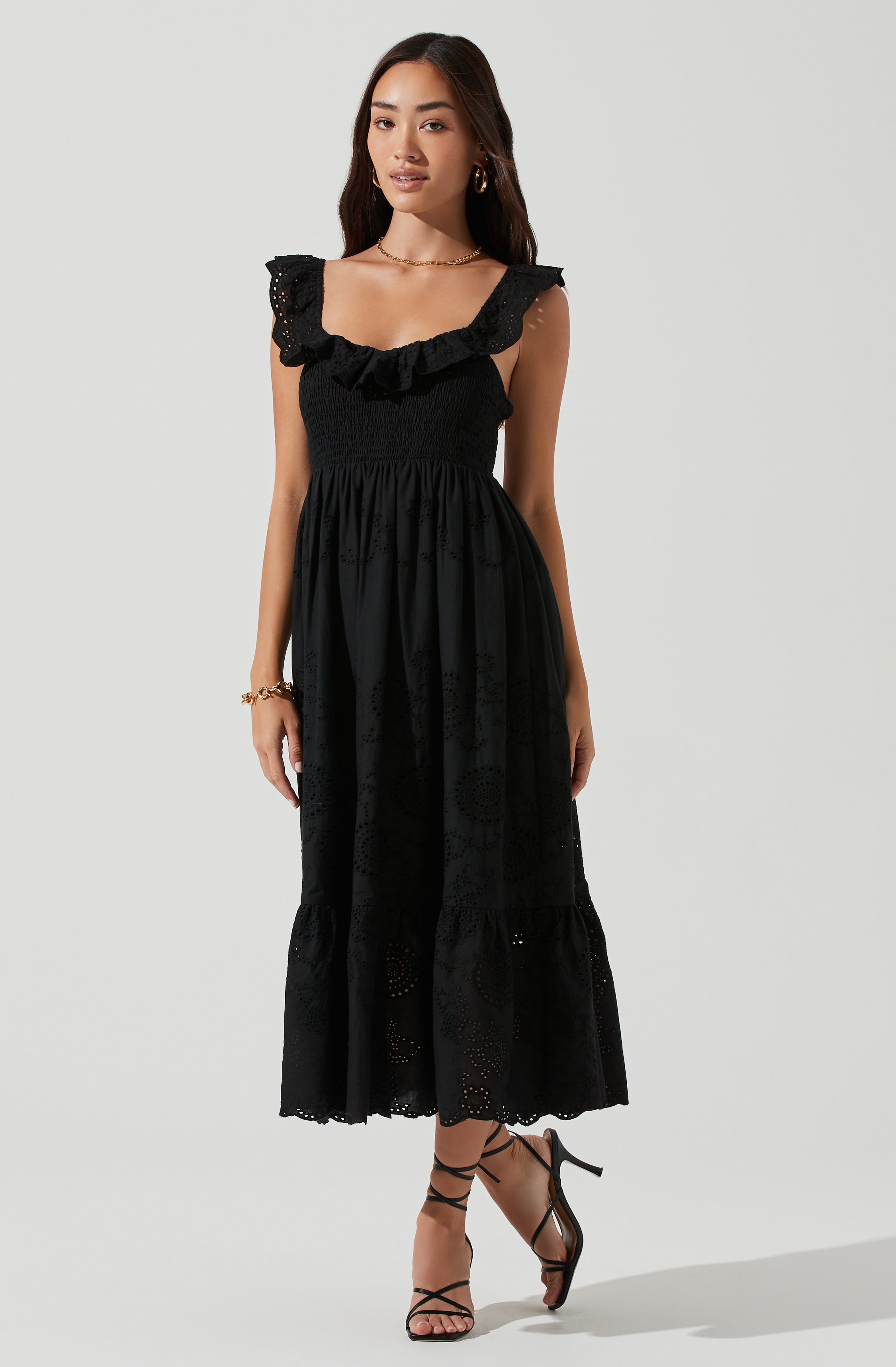 Cottage Ruffle Midi Dress with Eyelet Detail