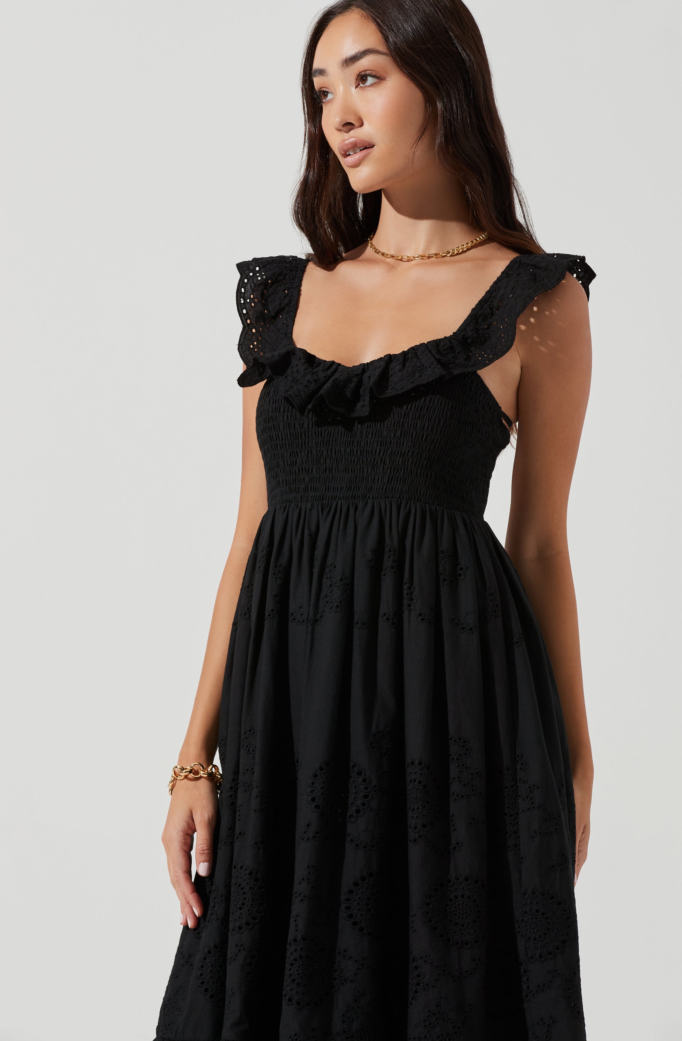 Cottage Ruffle Midi Dress with Eyelet Detail