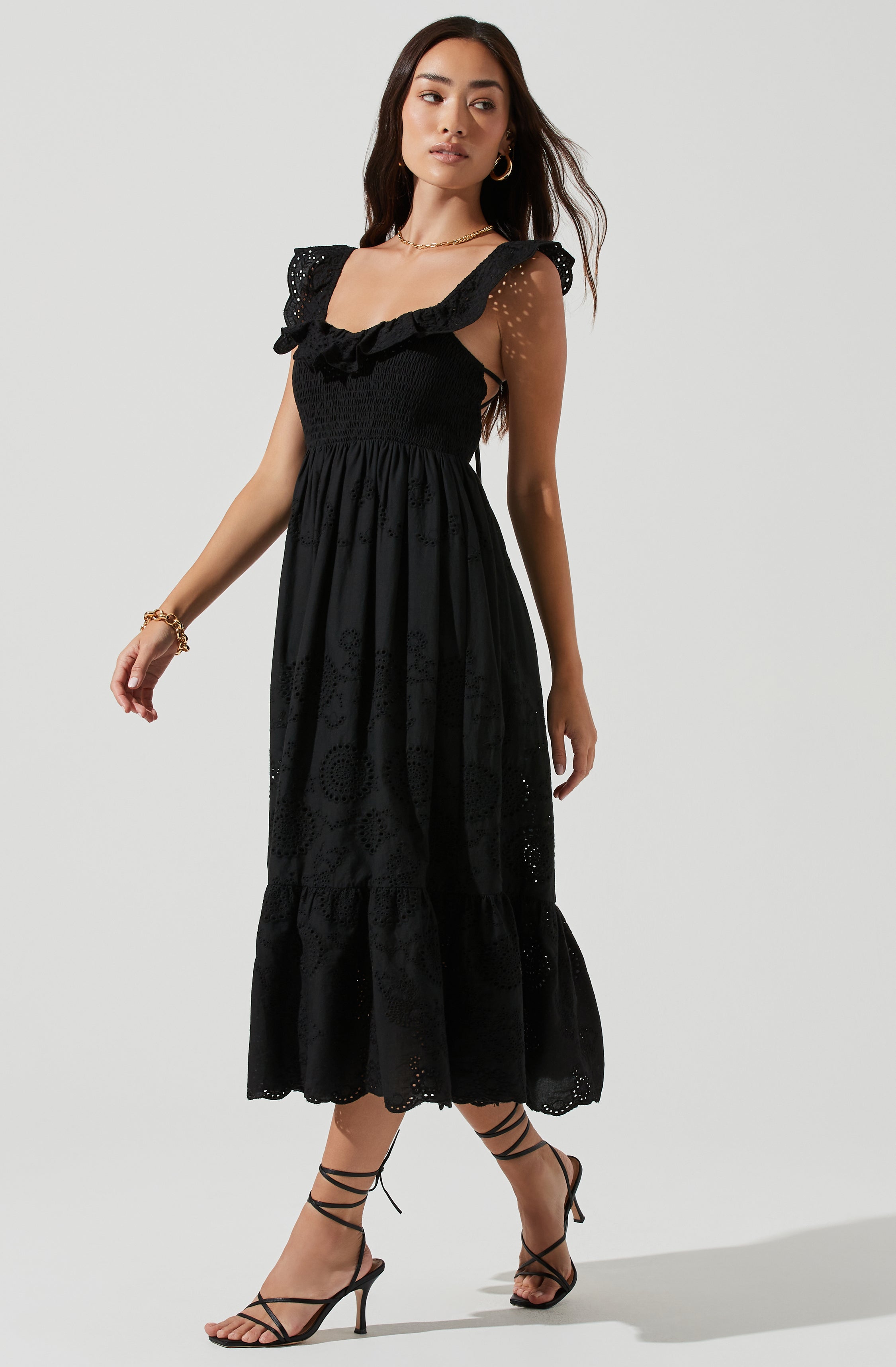 Cottage Ruffle Midi Dress with Eyelet Detail