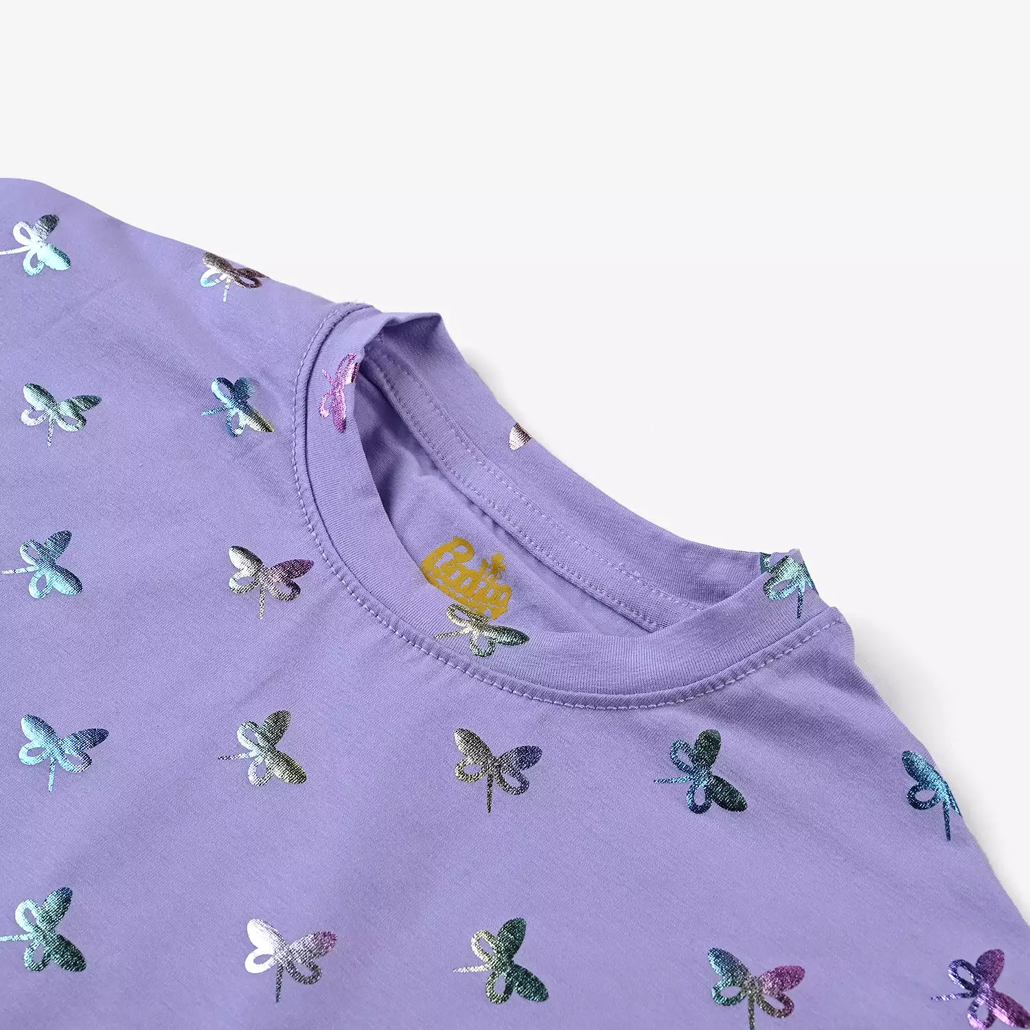 Cotton Jersey T-Shirt with Butterflies Design - Purple