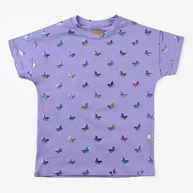 Cotton Jersey T-Shirt with Butterflies Design - Purple