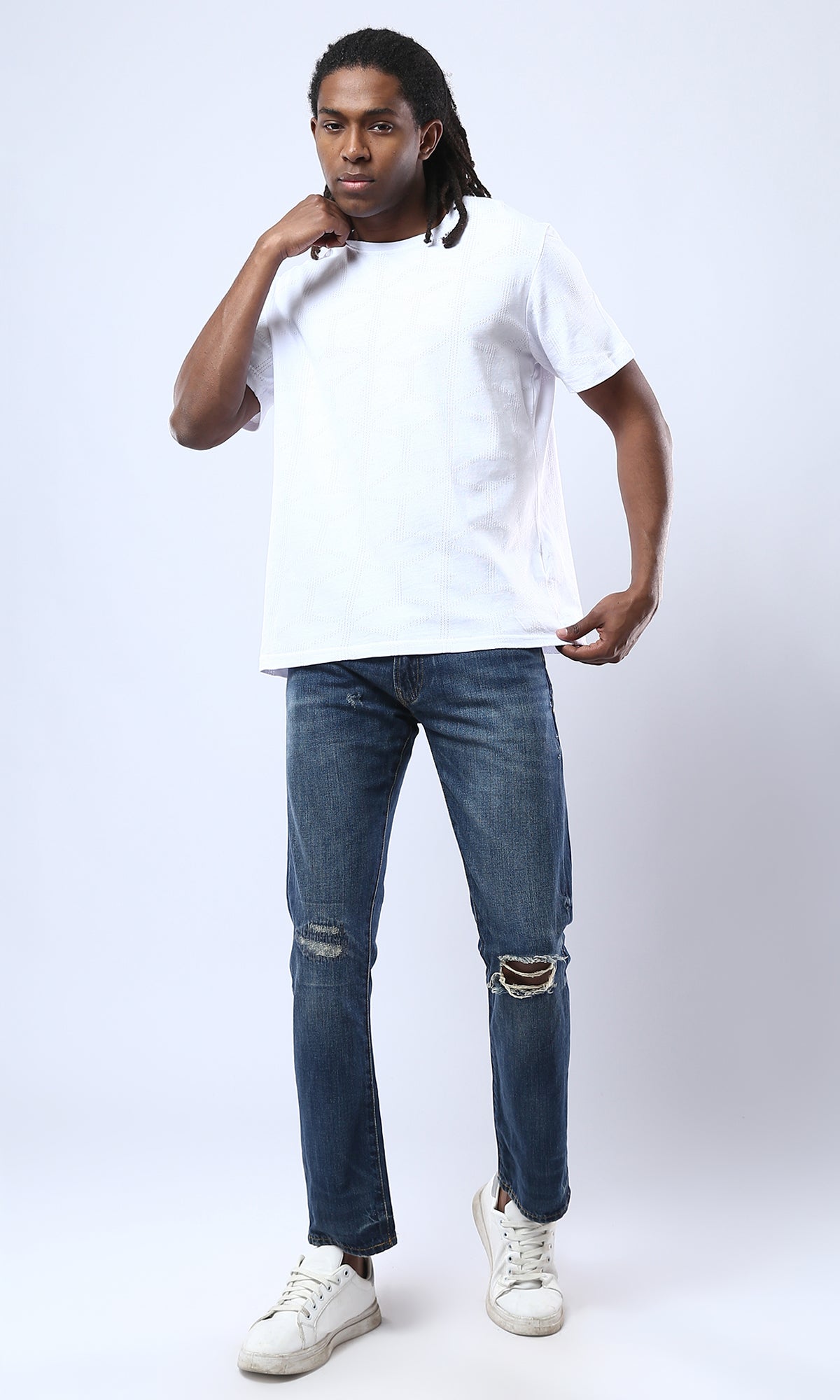 Cotton White Tee with Crew Neck and Perforated Design