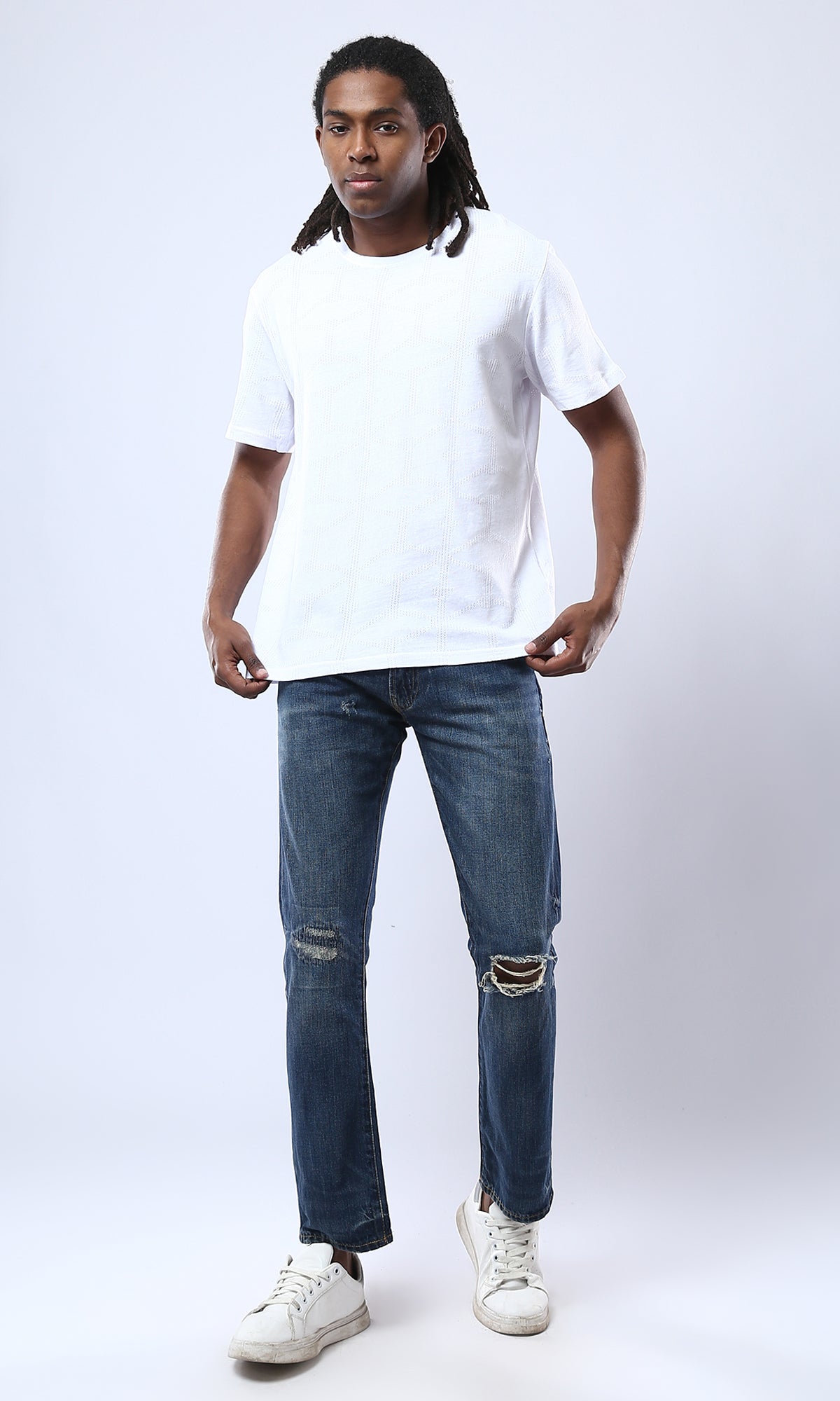 Cotton White Tee with Crew Neck and Perforated Design