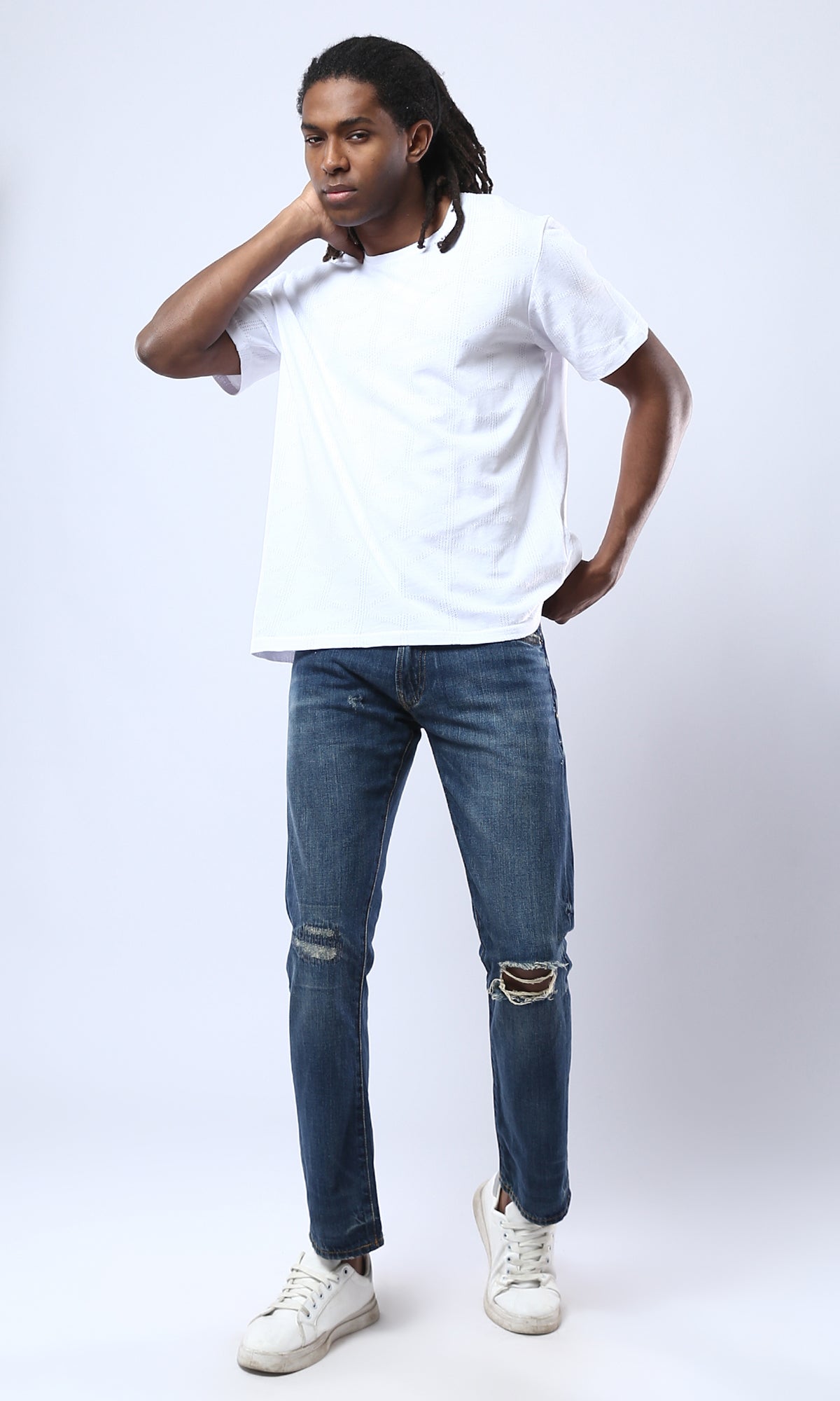 Cotton White Tee with Crew Neck and Perforated Design