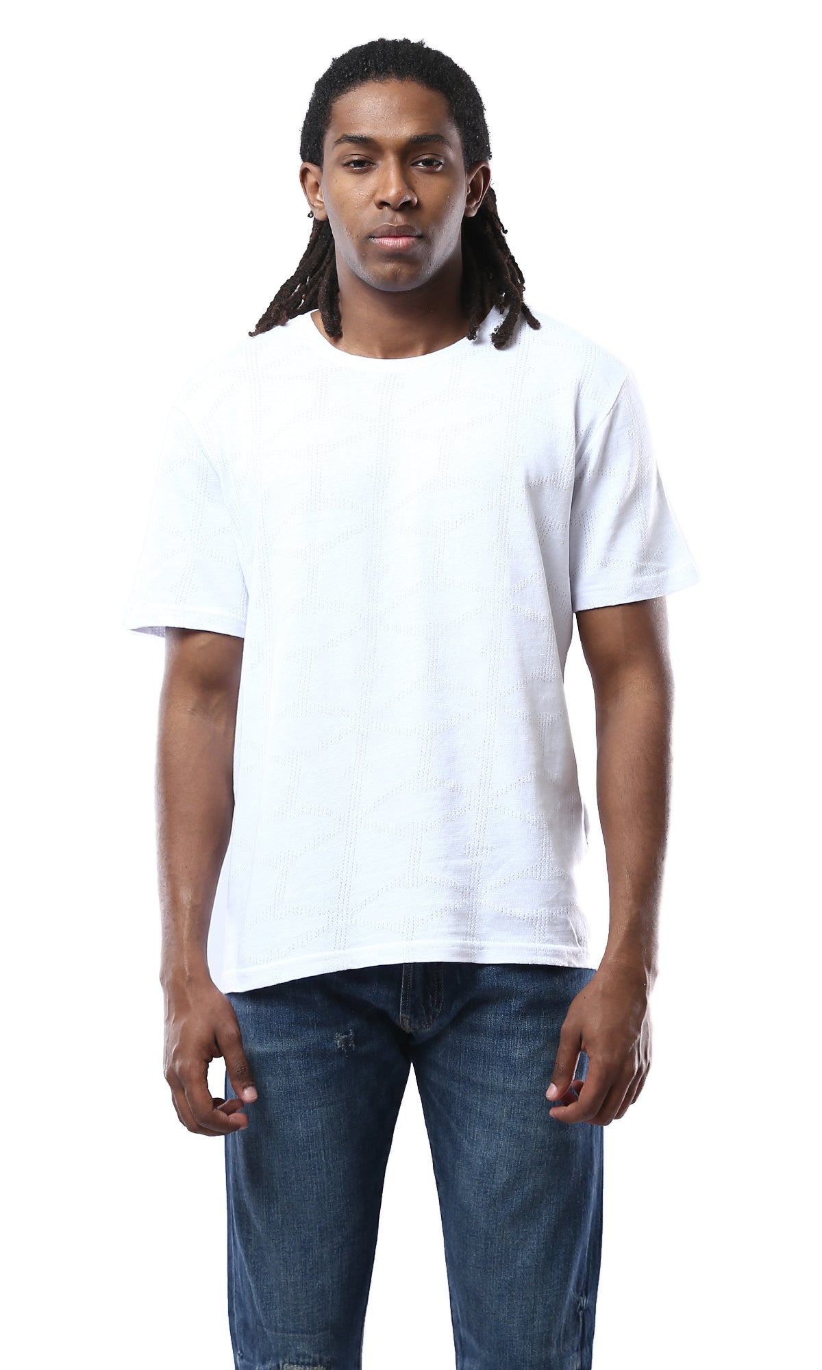 Cotton White Tee with Crew Neck and Perforated Design