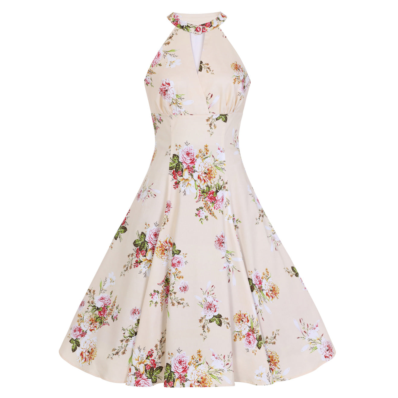 Cream Floral Print Halter Neck 50s Swing Dress