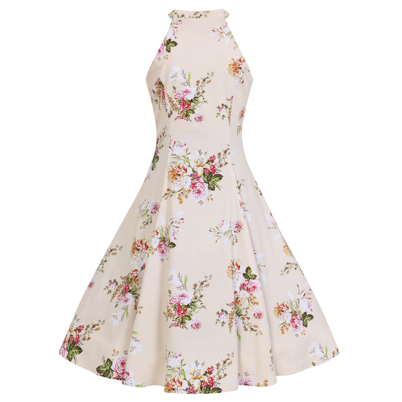 Cream Floral Print Halter Neck 50s Swing Dress