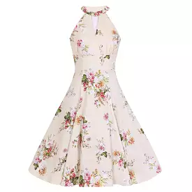 Cream Floral Print Halter Neck 50s Swing Dress