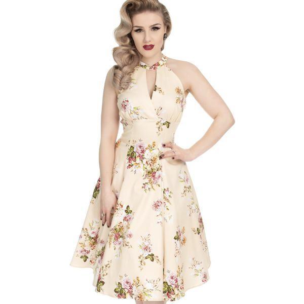 Cream Floral Print Halter Neck 50s Swing Dress