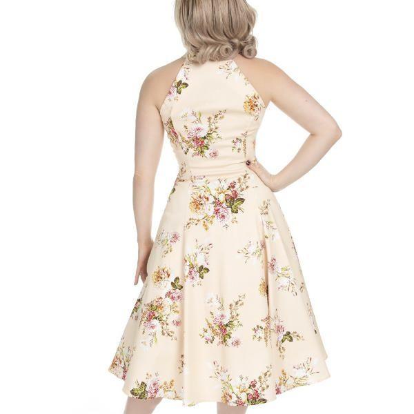 Cream Floral Print Halter Neck 50s Swing Dress