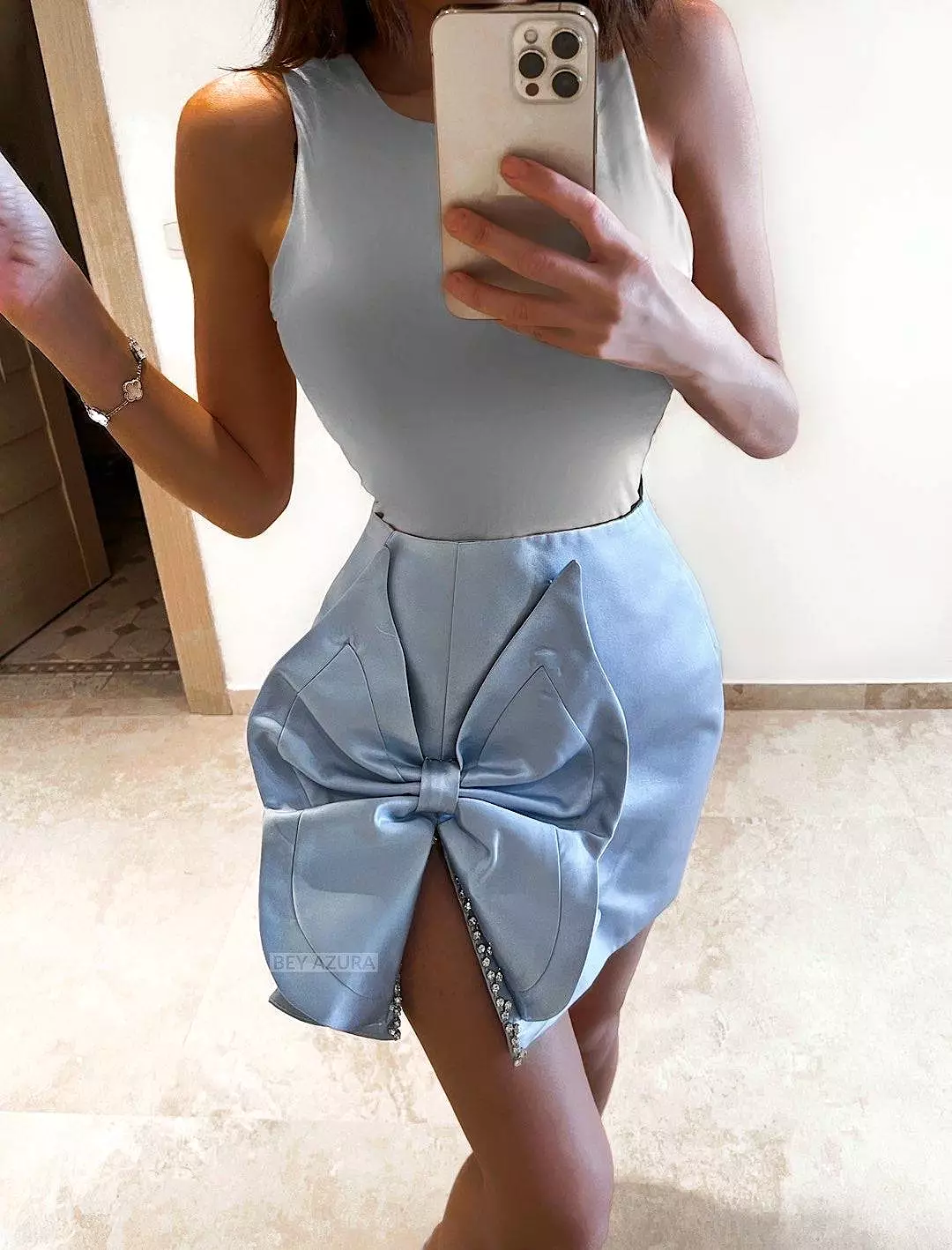 Crystal Bow Mini Skirt with Trimming