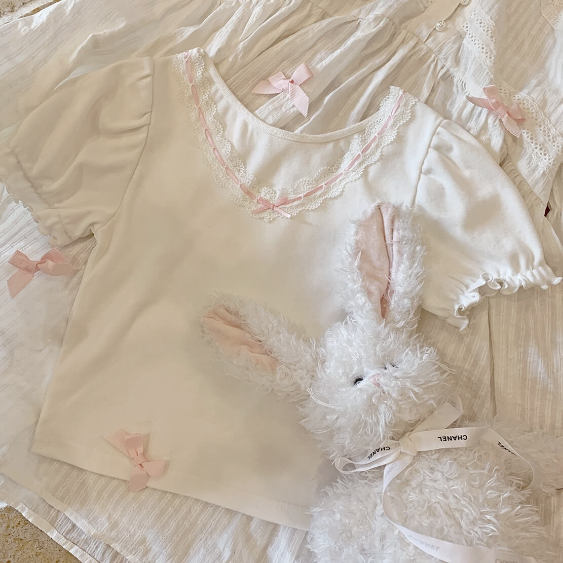 Cute cat white lace T-shirt for girls, style BY6015.