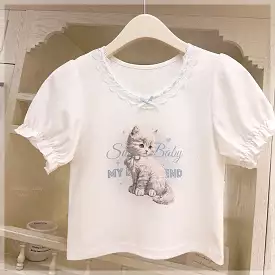 Cute cat white lace T-shirt for girls, style BY6015.