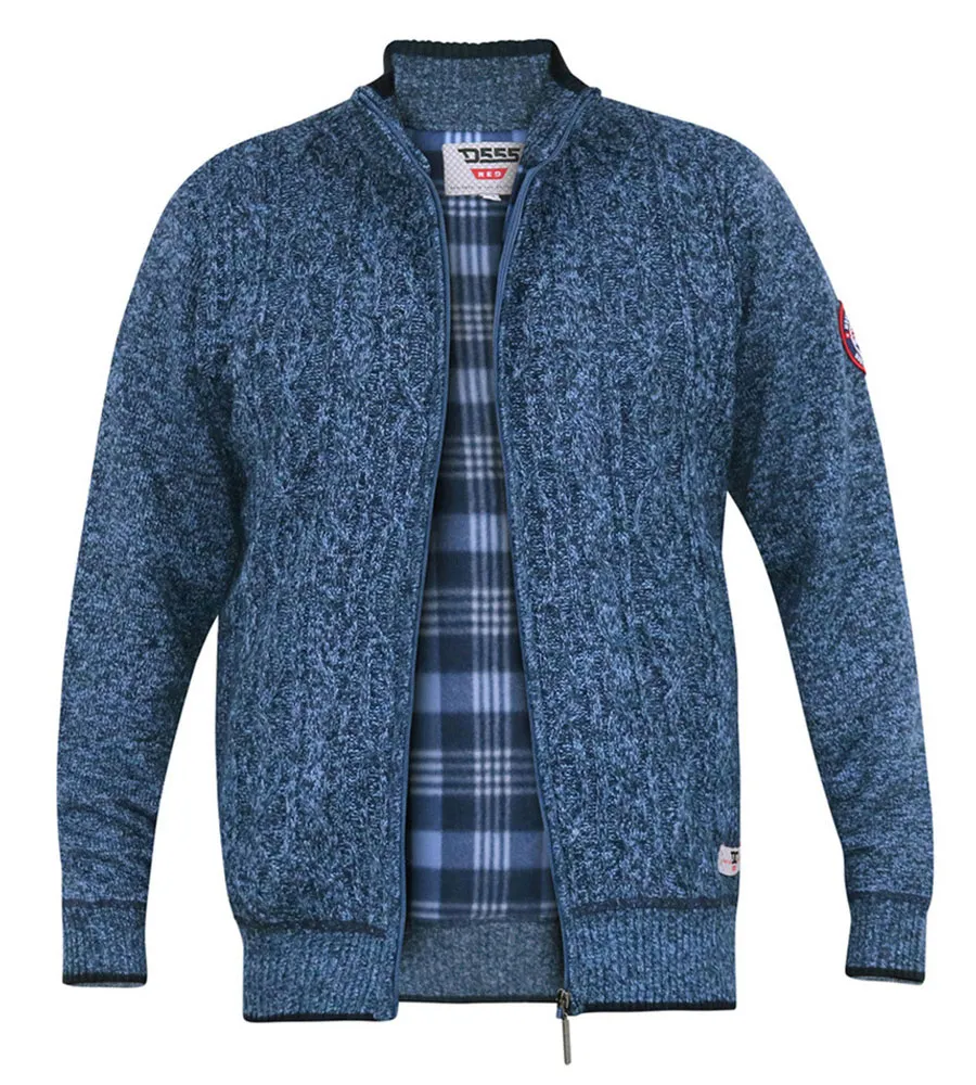 D555 Big Men's Blue Cable Knit Sweater with Zip and Bonded Check Lining Eccles