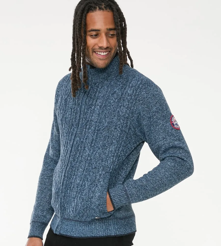 D555 Men's Blue Cable Knit Sweater with Zip and Bonded Check Lining Eccles