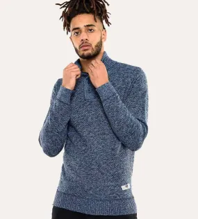 D555 Men's Blue Twisted Yarn Sweater With Zipper & Button Neck (Wilmington)