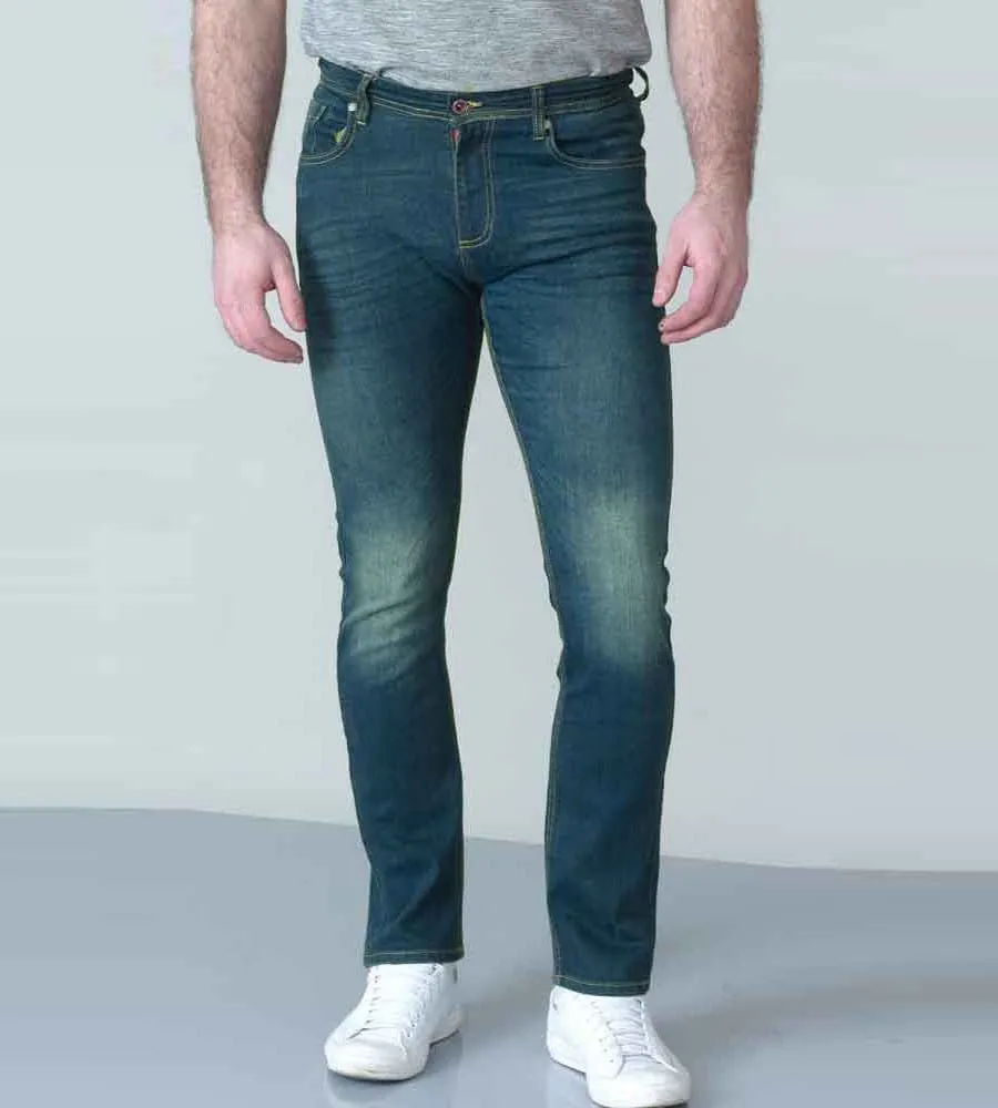 Tall Men's Dark Blue Stonewash Tapered Fit Stretch Jeans (AMBROSE-T) at D555