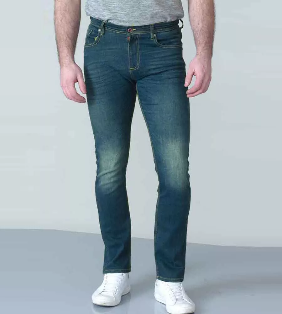 Tall Men's Dark Blue Stonewash Tapered Fit Stretch Jeans (AMBROSE-T) at D555