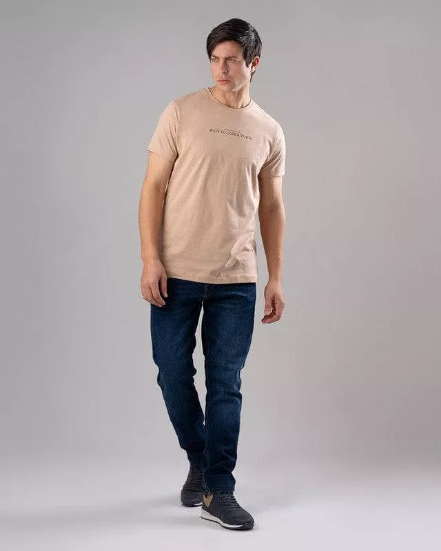 Dark Beige Printed T-Shirt with Round Neck