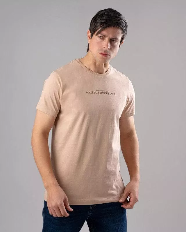 Dark Beige Printed T-Shirt with Round Neck