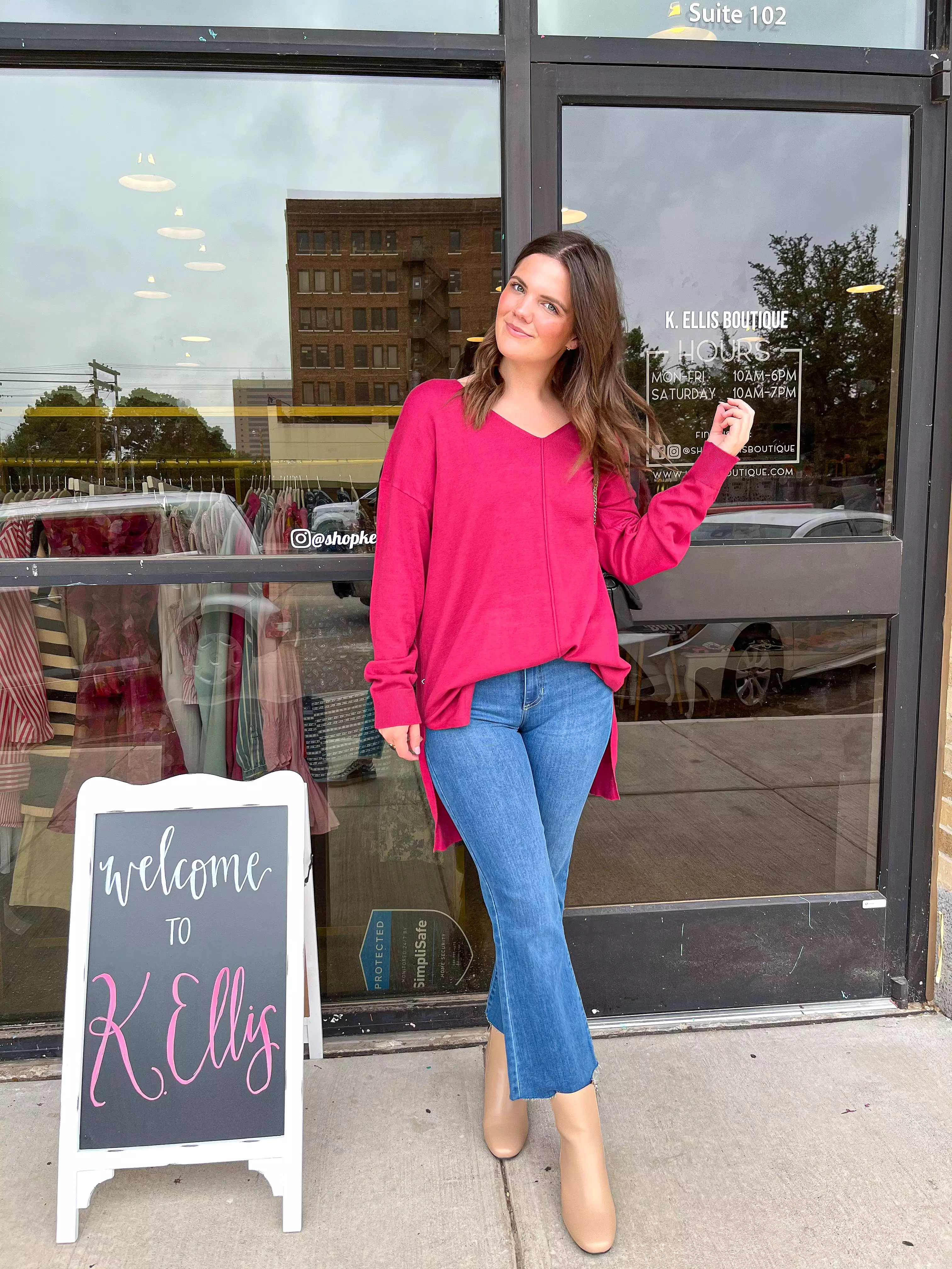 Deep V-neck Oversized Magenta Sweater.