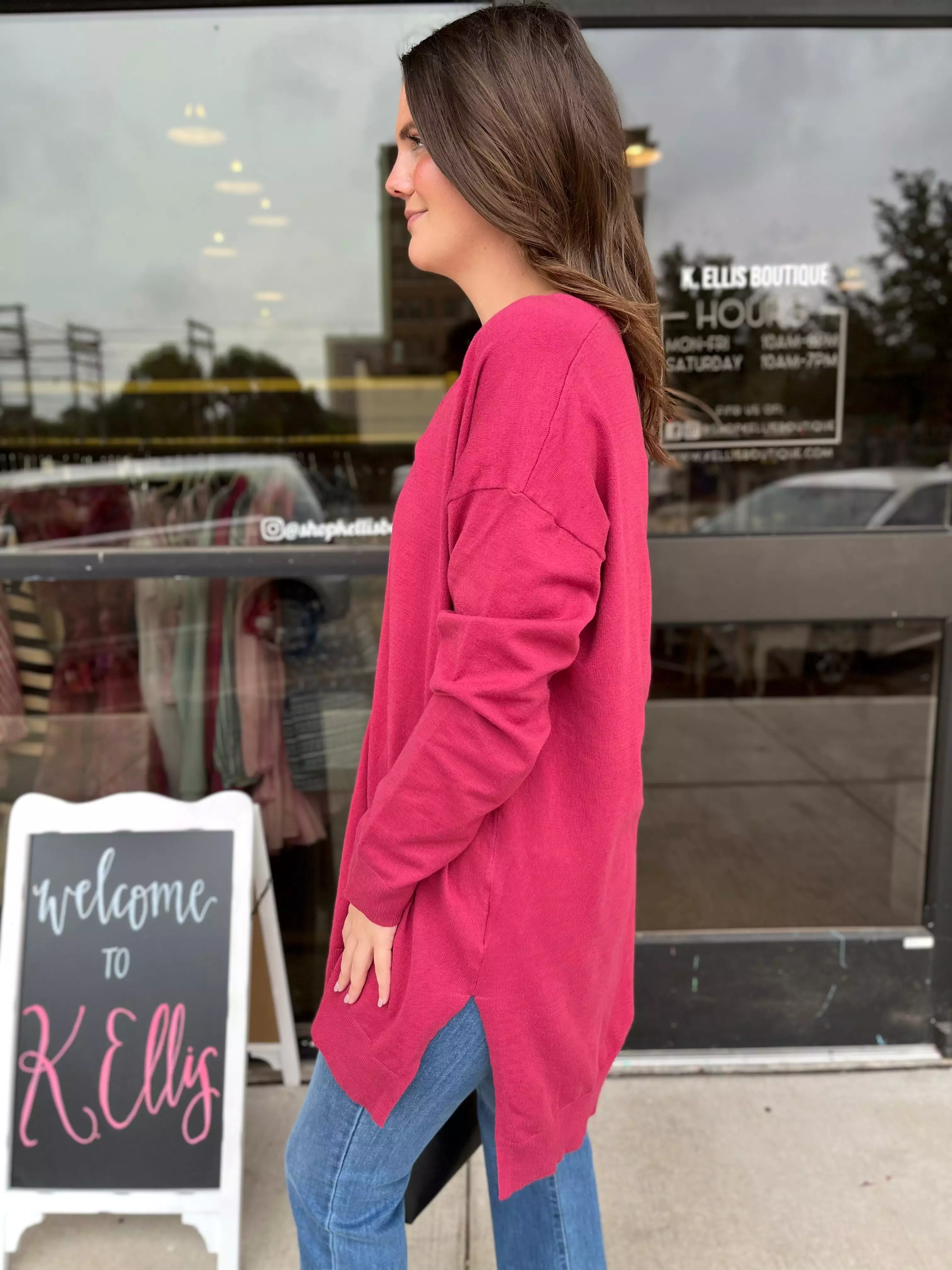 Deep V-neck Oversized Magenta Sweater.