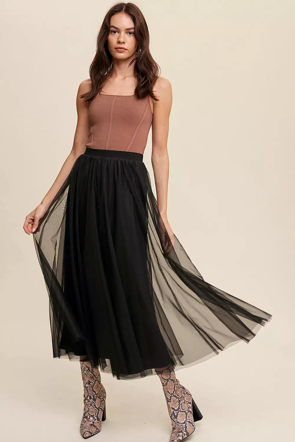 Elastic Waist Tulle Maxi Skirt