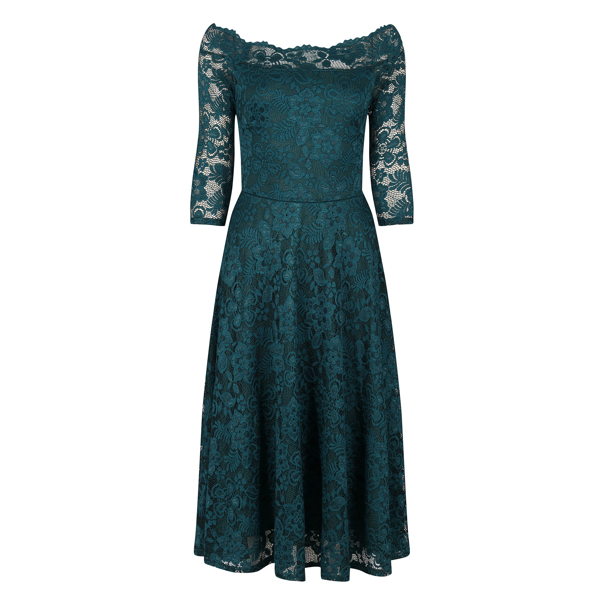 Emerald Green Lace Swing Dress, Vintage Style, 3/4 Sleeves, Boat Neck