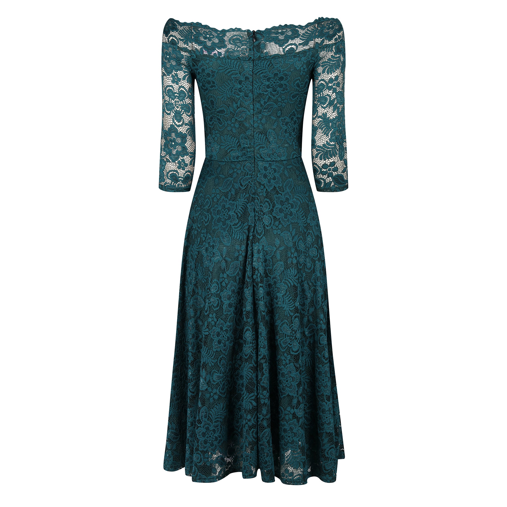 Emerald Green Lace Swing Dress, Vintage Style, 3/4 Sleeves, Boat Neck