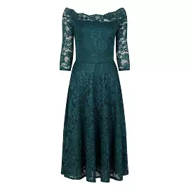 Emerald Green Lace Swing Dress, Vintage Style, 3/4 Sleeves, Boat Neck