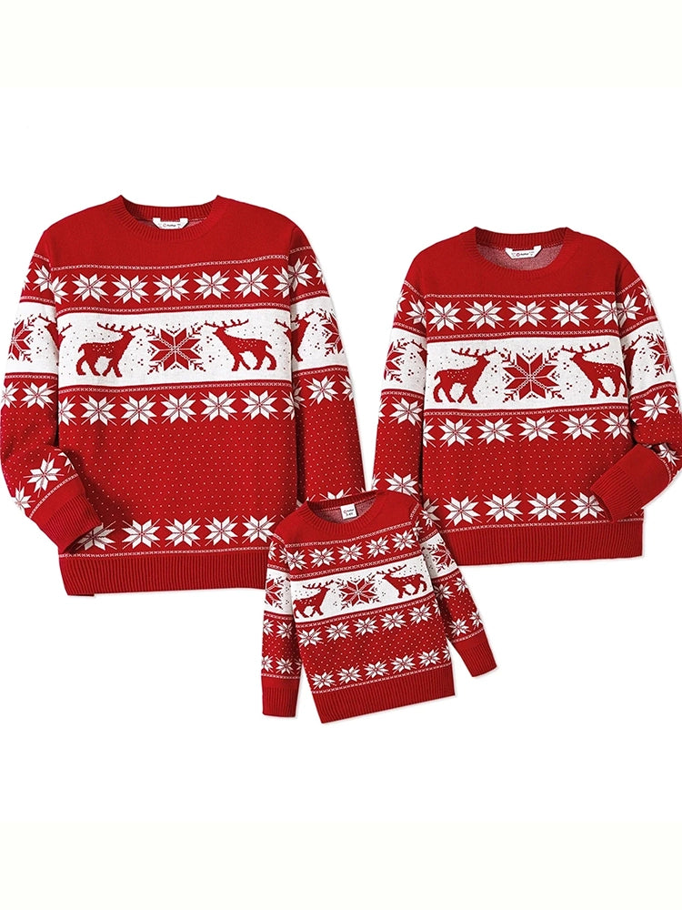 Family Matching Christmas Sweater with Deer and Snowflake Design | Long-sleeve Knitted Sweater