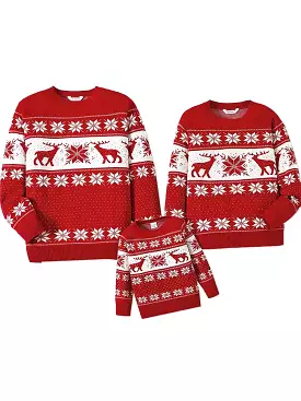 Family Matching Christmas Sweater with Deer and Snowflake Design | Long-sleeve Knitted Sweater