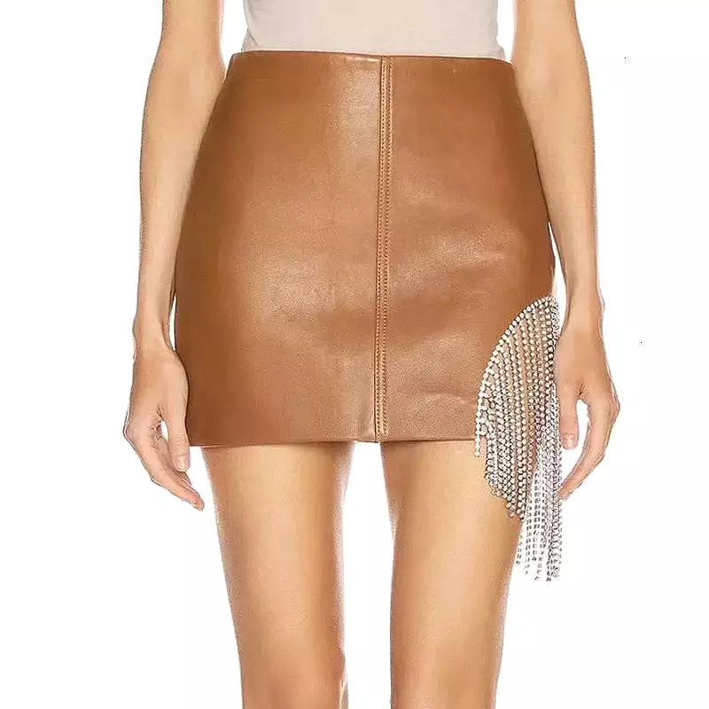 Faux Leather Mini Skirt With Crystal Tassels