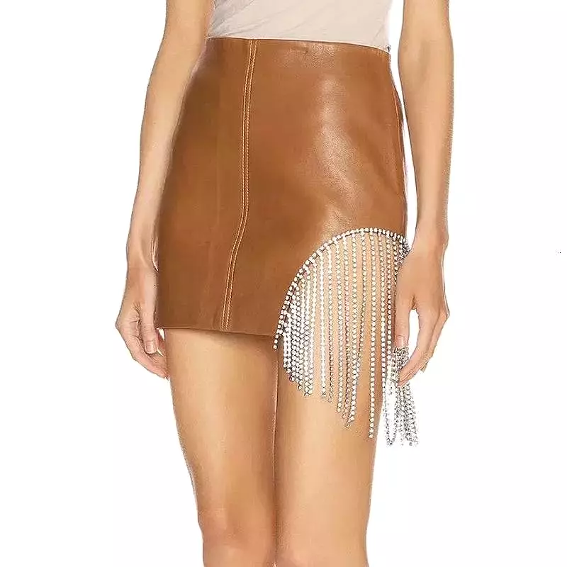 Faux Leather Mini Skirt With Crystal Tassels