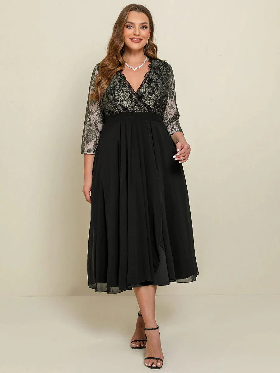 Floral Black Lace Plus Size Maxi Dress V-Neck Dolman Sleeves.