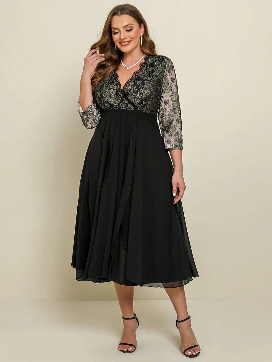 Floral Black Lace Plus Size Maxi Dress V-Neck Dolman Sleeves.