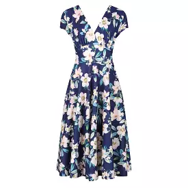 floral navy tea dress crossover vintage a-line swing