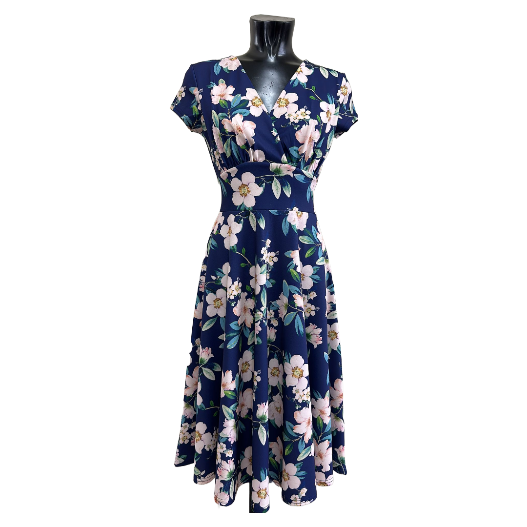 floral navy tea dress crossover vintage a-line swing