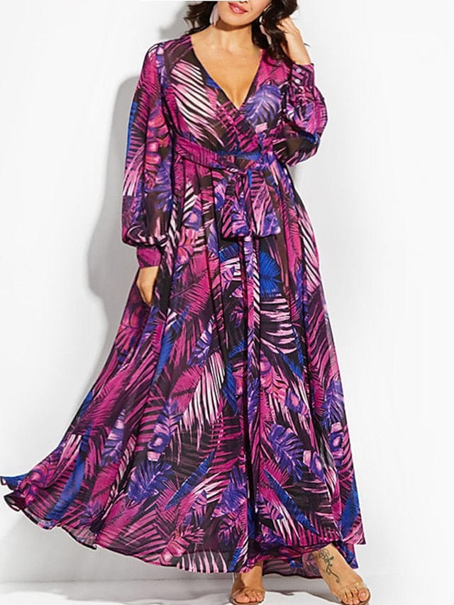 Floral V-Neck Plus Size Maxi Dress - Lantern Sleeves