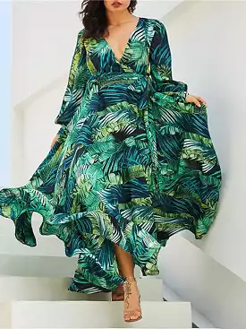 Floral V-Neck Plus Size Maxi Dress - Lantern Sleeves