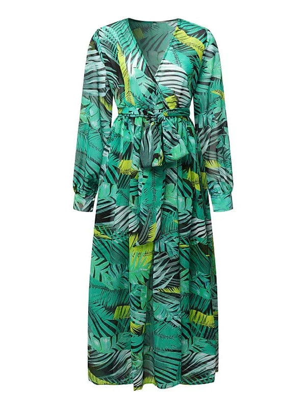 Floral V-Neck Plus Size Maxi Dress - Lantern Sleeves