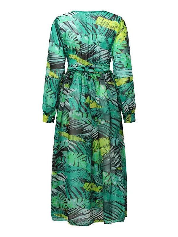 Floral V-Neck Plus Size Maxi Dress - Lantern Sleeves