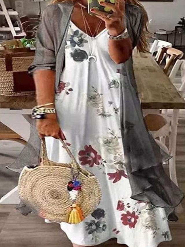 Floral V-Neck Print Plus Size Maxi Dress